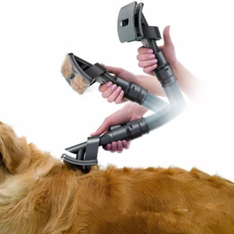Pet grooming tool being used on a dog with a white background