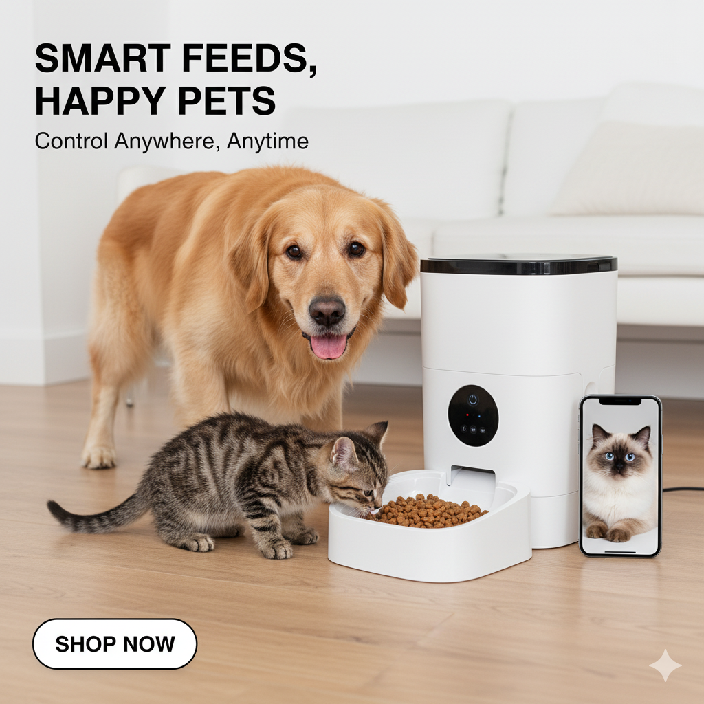 Dog and cat interacting with a smart pet feeder and smartphone showing a cat on a screen.