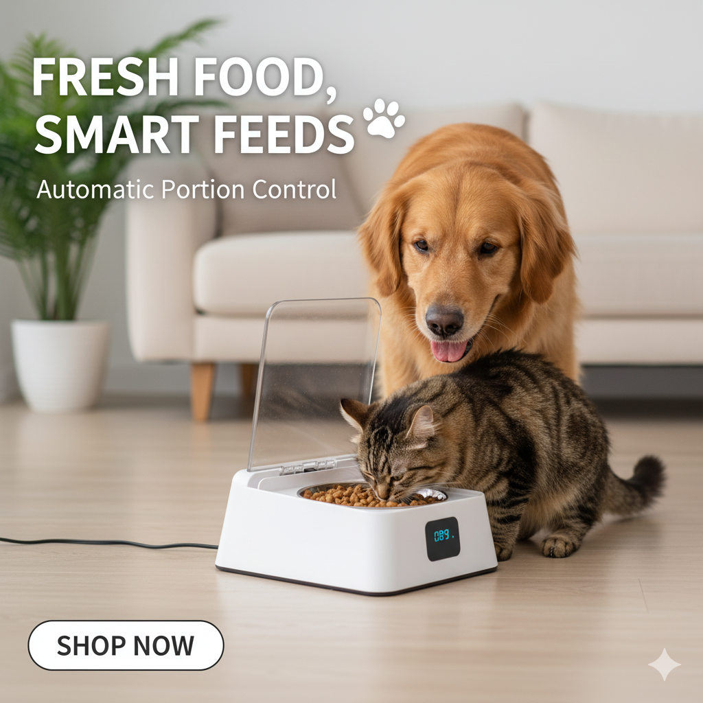 Dog and cat using an automatic pet feeder with text 'Fresh Food, Smart Feeds' and 'Automatic Portion Control'.