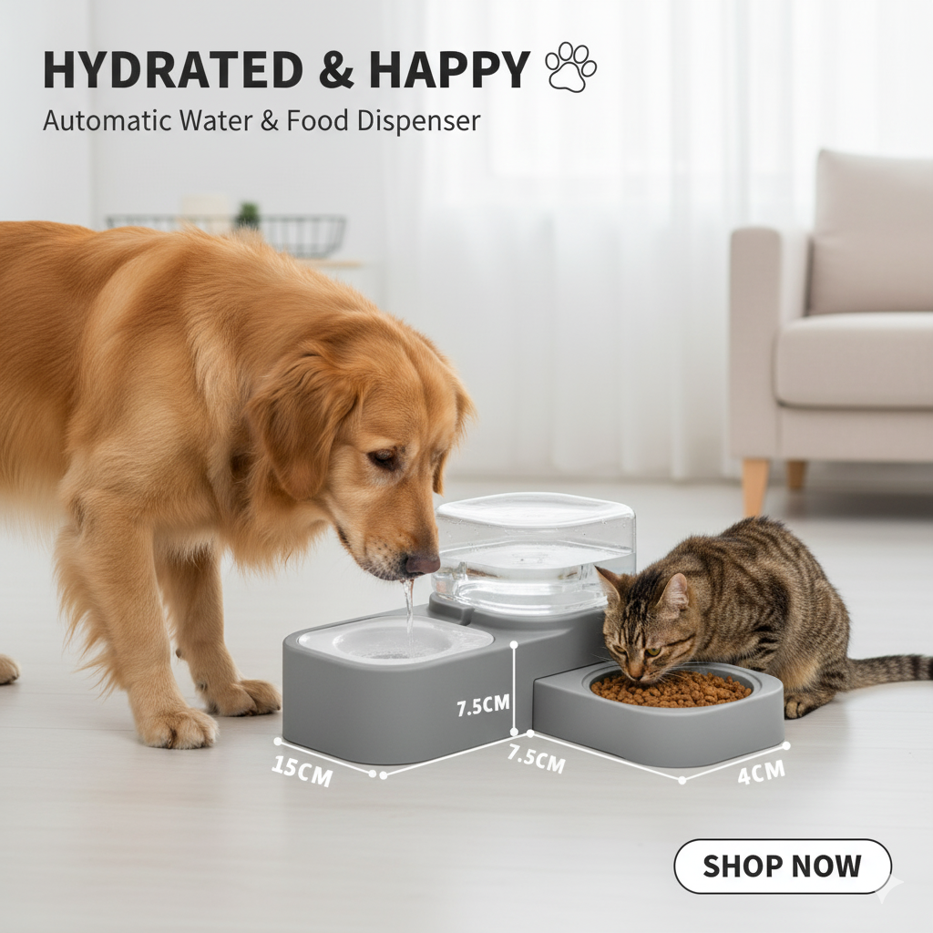 Automatic water and food dispenser with a dog and cat using it in a living room setting.