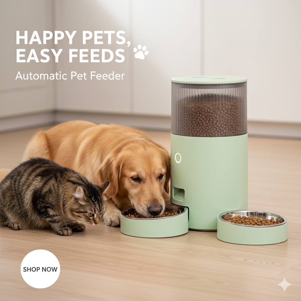 Automatic pet feeder with a dog and cat eating from it on a wooden floor.