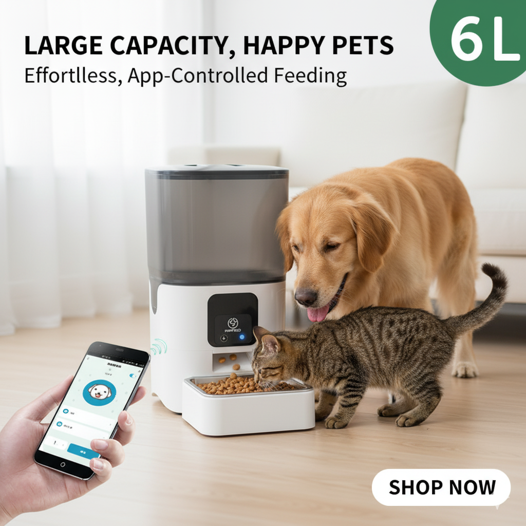 Pet feeder with a dog and cat eating, and a hand holding a phone with an app interface.