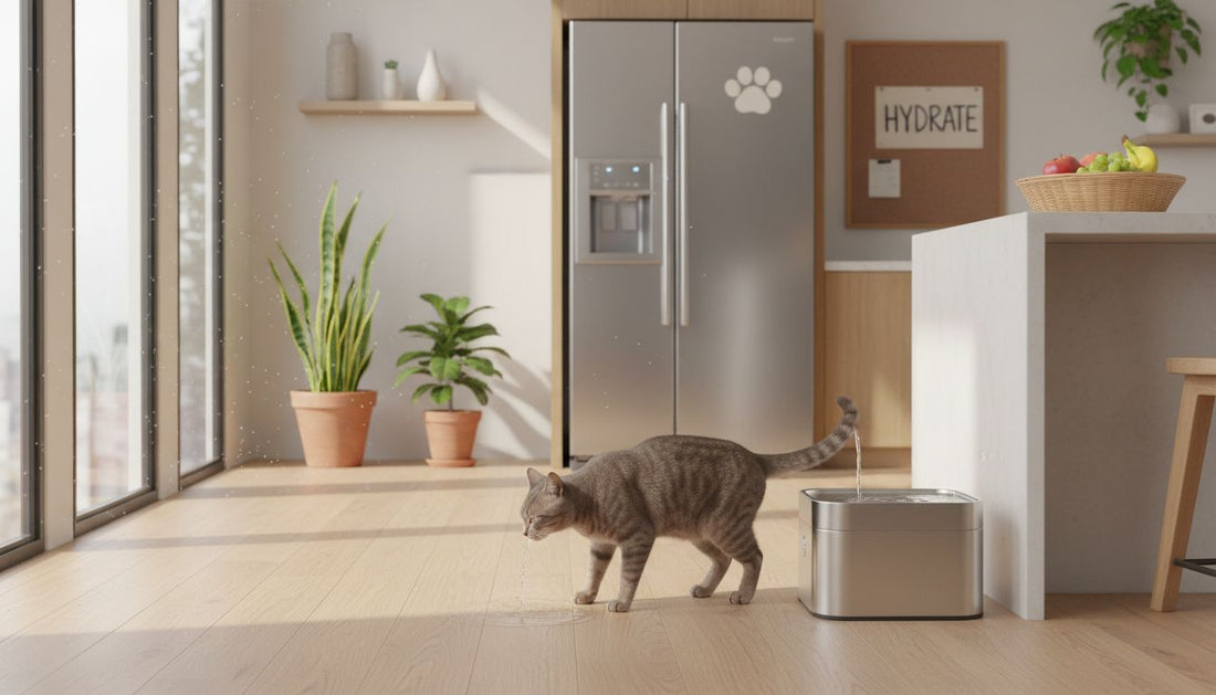 Cat drinking from stainless water fountain