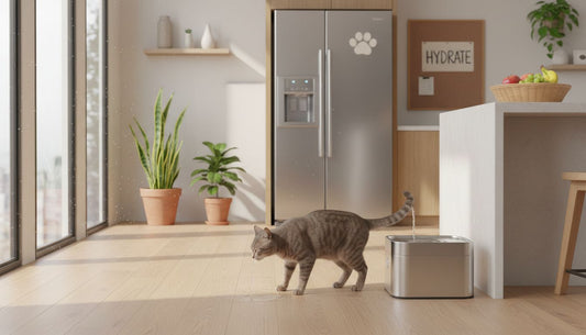 Cat drinking from stainless water fountain