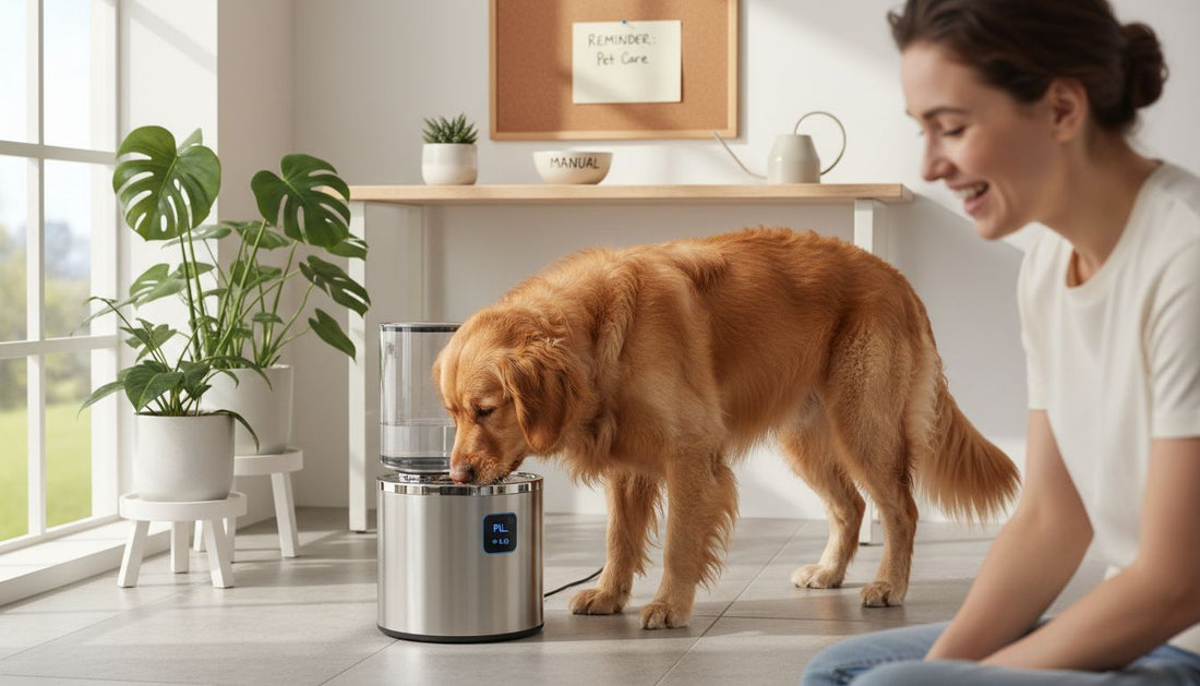 Dog using smart water dispenser in kitchen