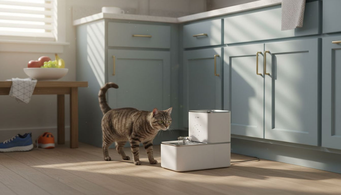 Cat using smart water fountain in home kitchen