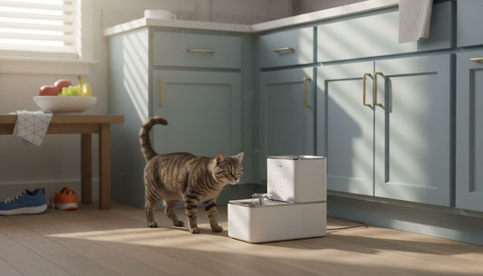 Cat using smart water fountain in home kitchen