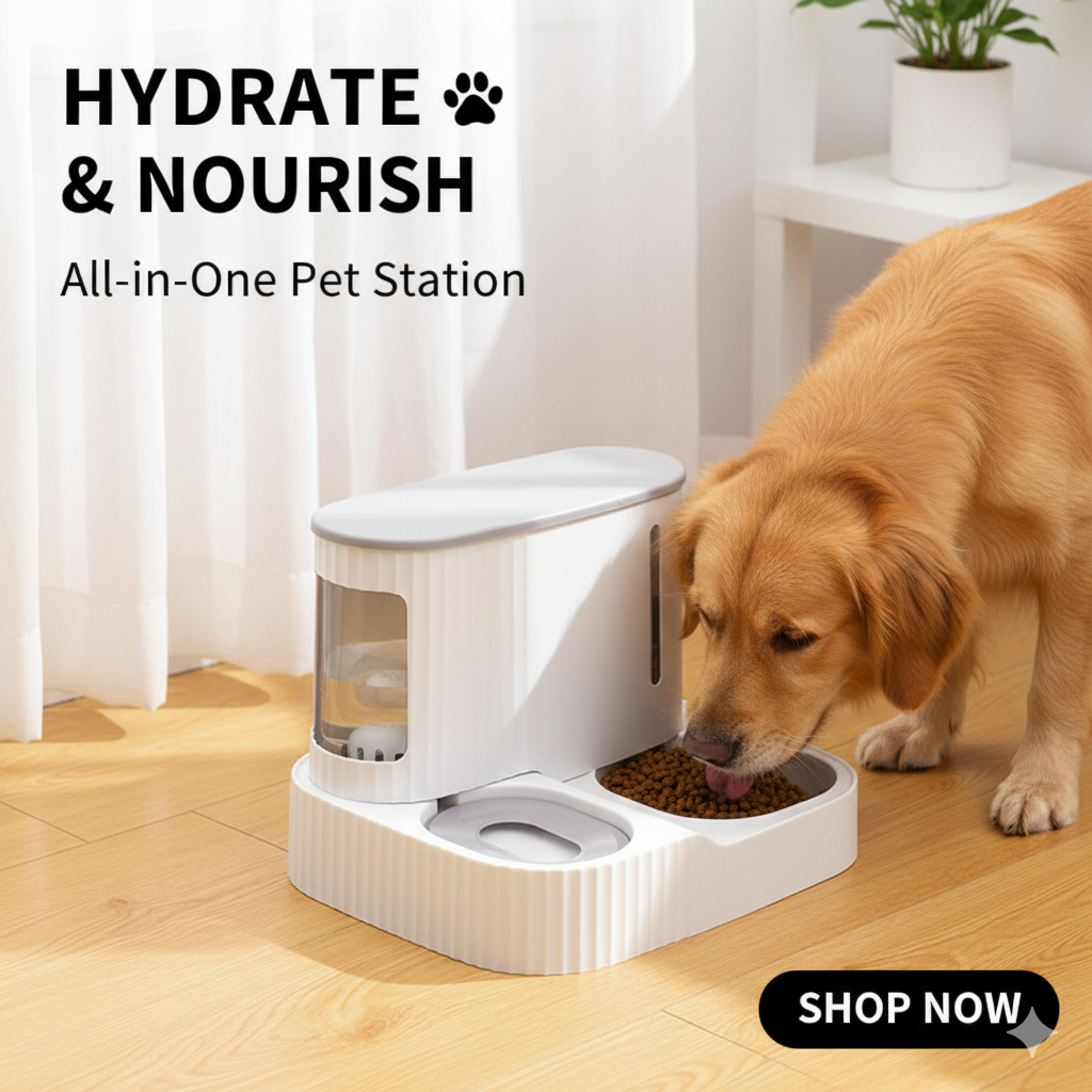 Dog drinking from a white all-in-one pet station with text 'Hydrate & Nourish' and 'Shop Now' button.