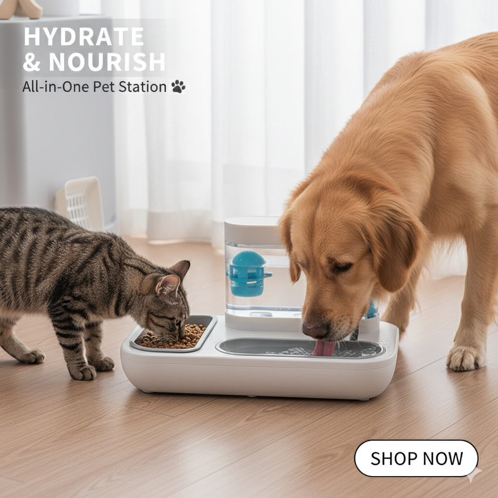 Pet station with a cat and dog drinking water and eating from it on a wooden floor.