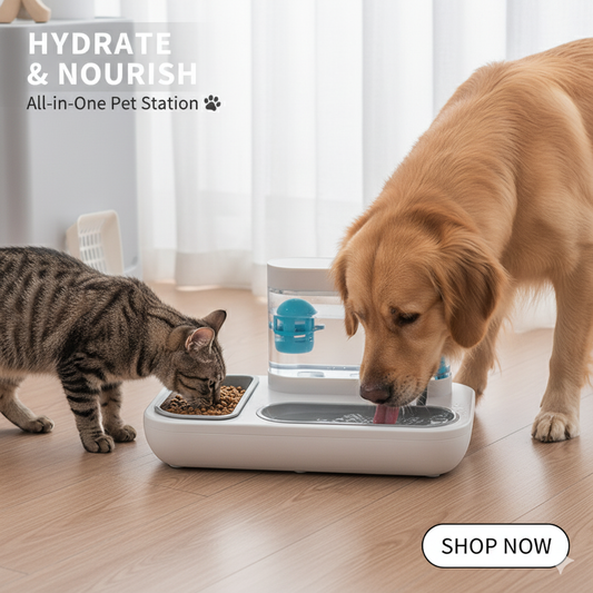 Pet station with a cat and dog drinking water and eating from it on a wooden floor.