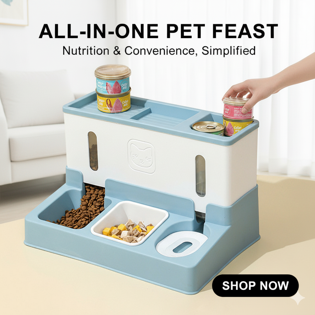All-in-one pet feeding station with pet food and a hand reaching for more food.