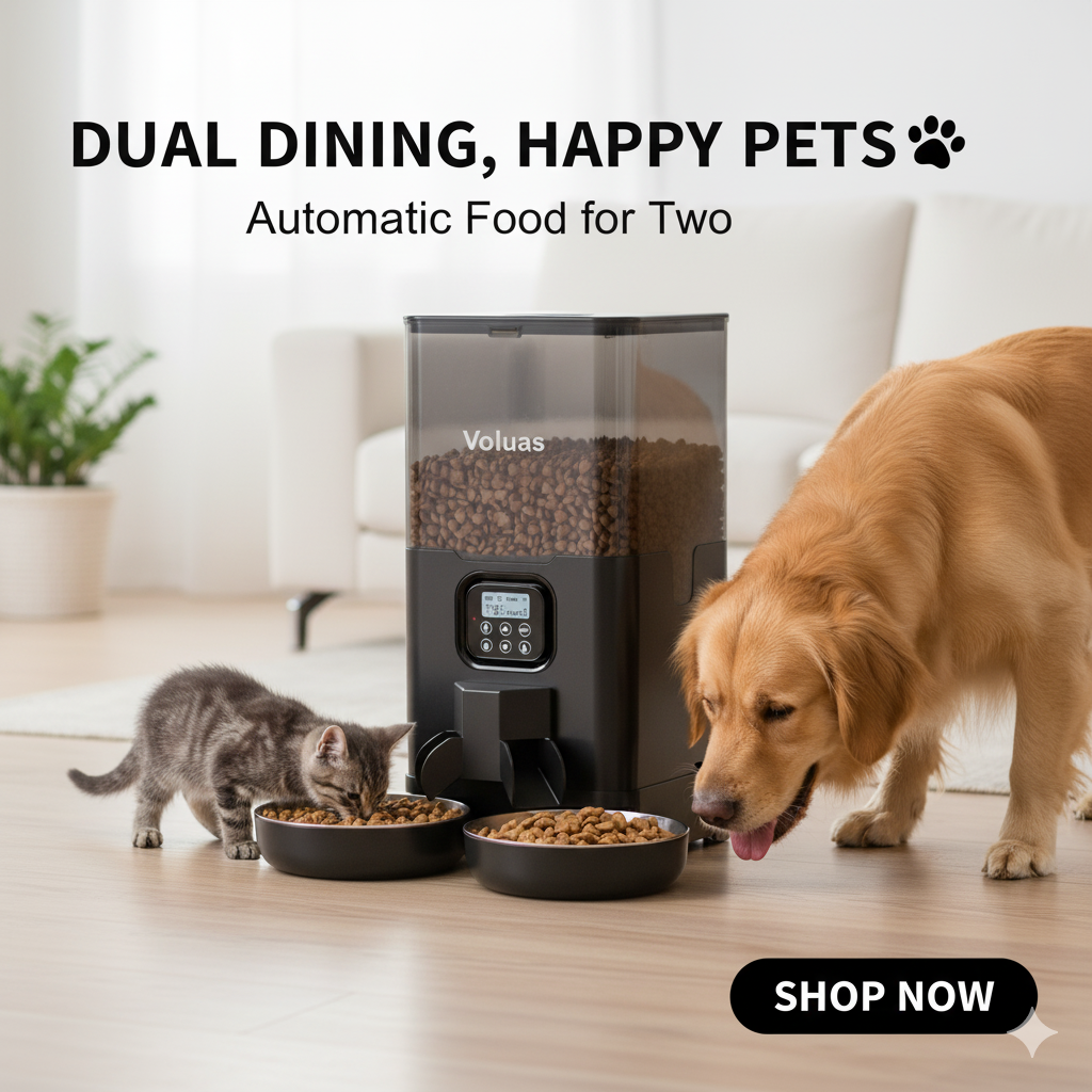 Automatic pet feeder with a dog and cat eating from bowls, and text 'Dual Dining, Happy Pets' above.