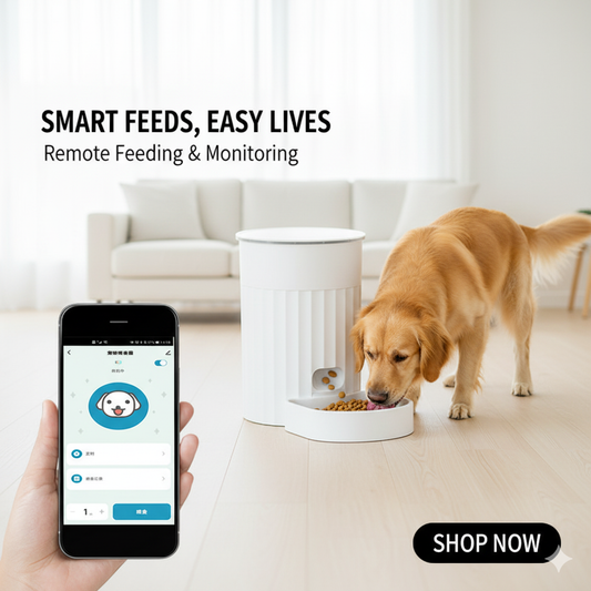Dog eating from a bowl with a smartphone app interface displayed, indicating remote feeding and monitoring feature.