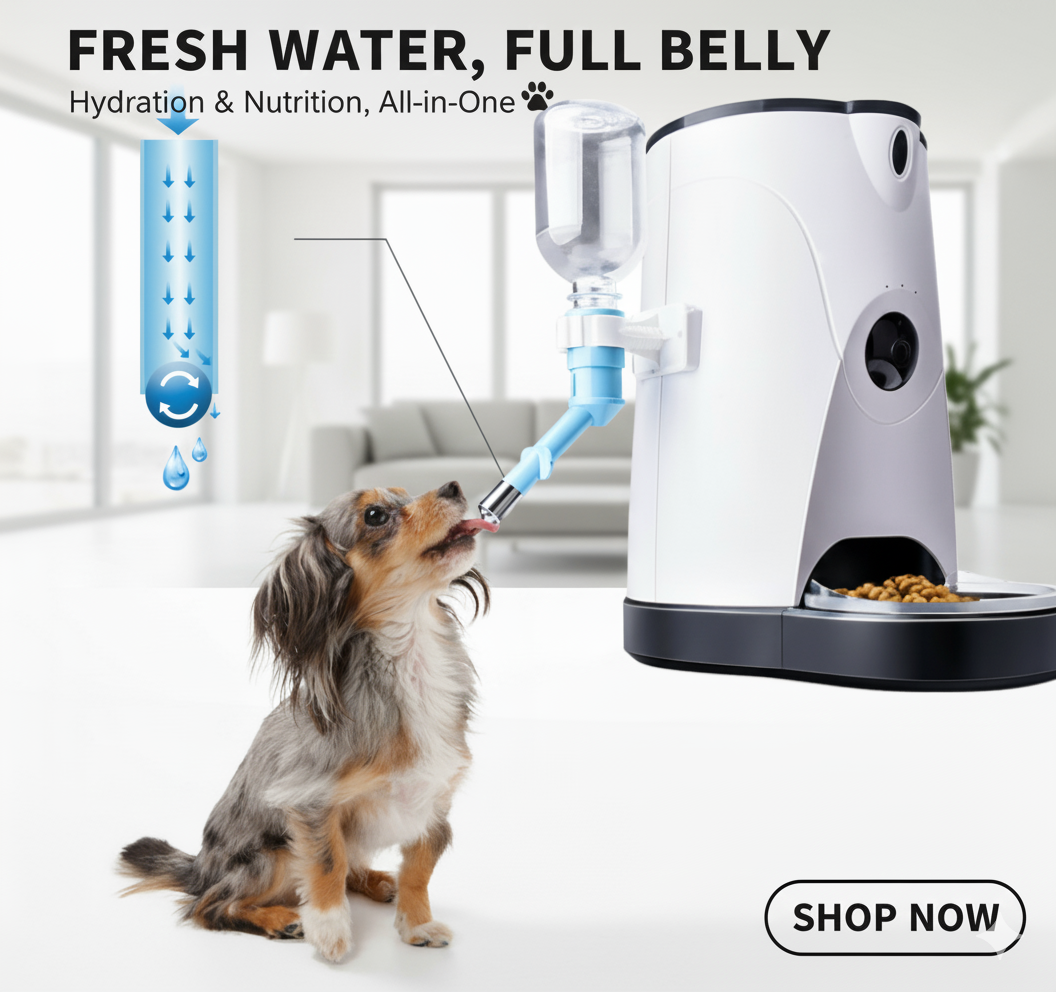 Pet water and food dispenser with a dog drinking water, set against a modern indoor background.
