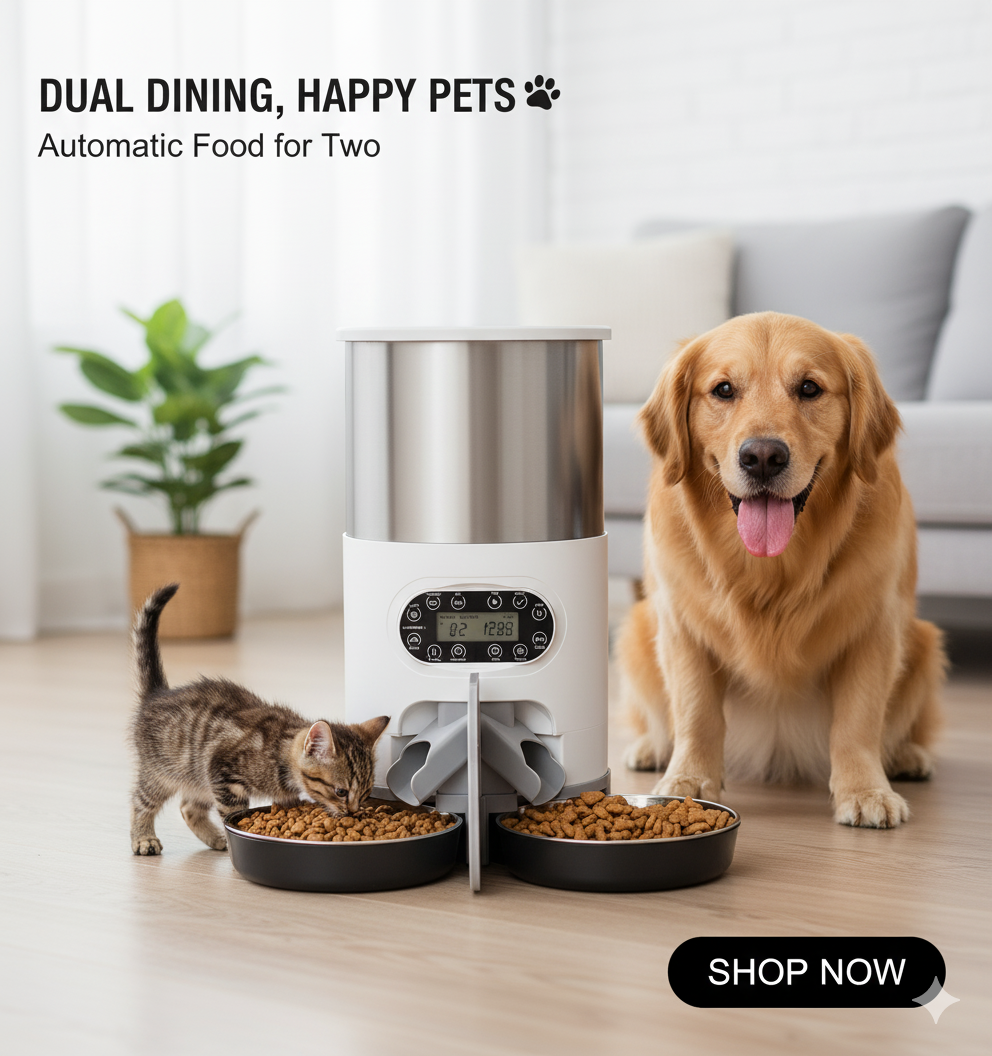 Automatic pet feeder with a dog and cat eating, in a home setting.