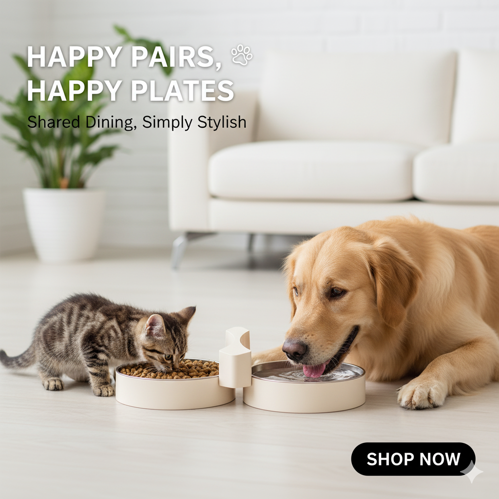 Dog and cat sharing food from a modern pet feeder in a home setting.