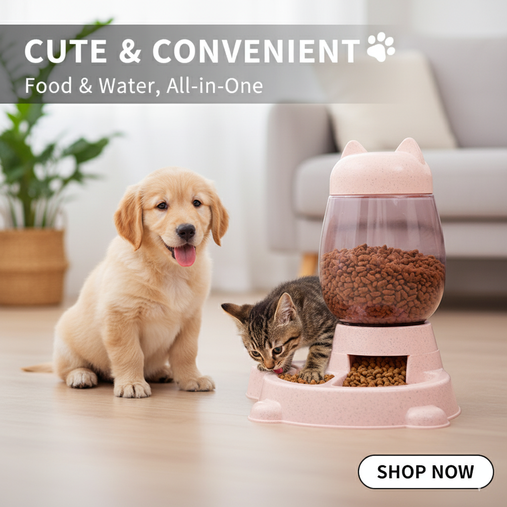 Pet feeder with a dog and cat interacting, labeled 'Cute & Convenient' in a home setting.