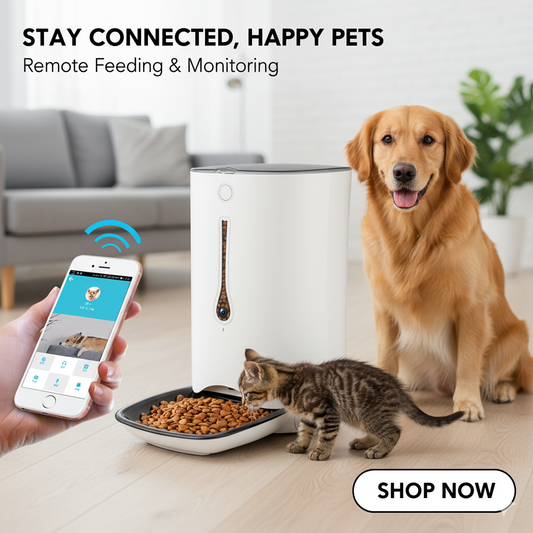 Smart pet feeder with a dog and cat eating, and a hand holding a phone with an app interface.
